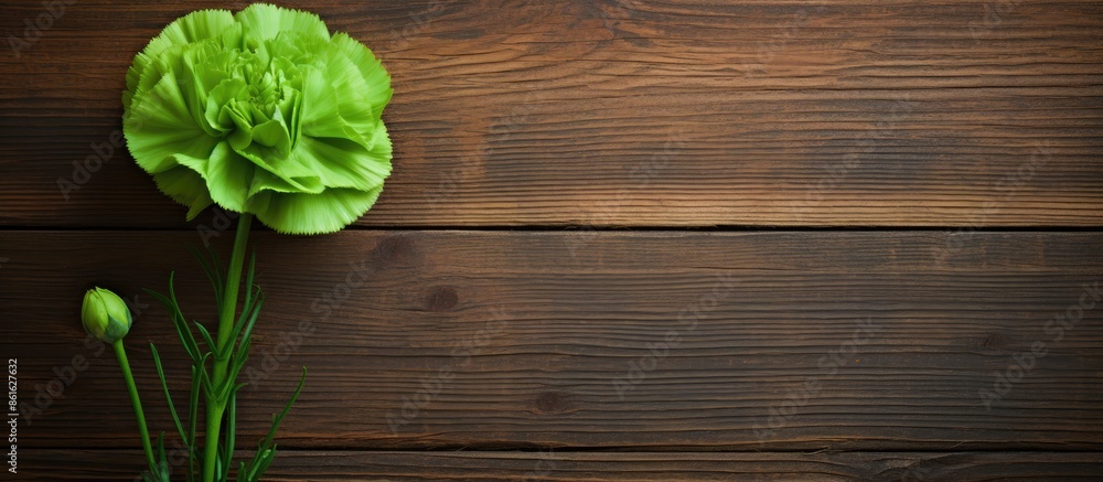 Green carnation flower against a wooden backdrop with copy space image.