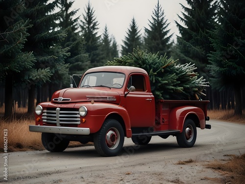 Vintage red Christmas truck with Christmas tree. Festive background. Generative AI © Carlos