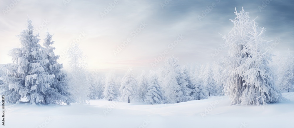 The landscape was transformed by nature's delicate touch into a captivating Christmas setting with white trees and an icy forest, perfect for a copy space image. The landscape was transformed by nature's delicate touch into a captivating Christmas setting with white trees and an icy forest, perfect for a copy space image.