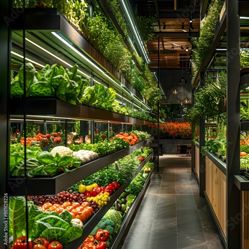 Innovative Vertical Farm in High End Restaurant Showcasing Freshly Grown Produce © Thares2020