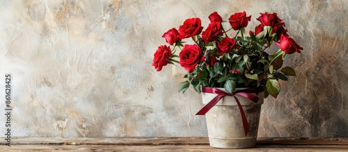 Red roses in a pot with a r...