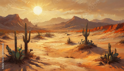 Fototapeta Naklejka Na Ścianę i Meble -  A desert landscape painted with bold, thick oil layers, highlighting the golden sand dunes and the stark, textured silhouettes of cacti under a blazing sun, Generative AI