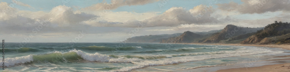 An immense coastal landscape with expansive beaches and rolling waves, depicted in thick oil layers that emphasize the textures and movement of the water, Generative AI An immense coastal landscape with expansive beaches and rolling waves, depicted in thick oil layers that emphasize the textures and movement of the water, Generative AI
