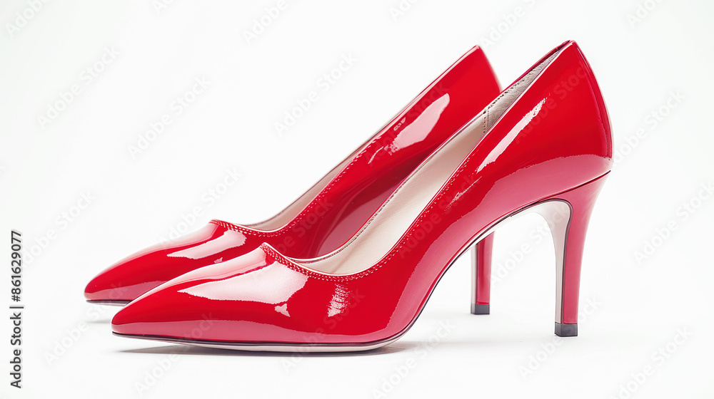 Side view of red patent leather high heel shoes on a white background. Side view of red patent leather high heel shoes on a white background.