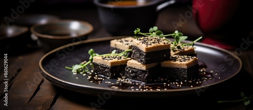 Black sesame tofu displayed...