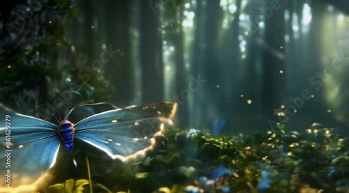 Magic light butterfly glowing in a magical forest fantasy scene