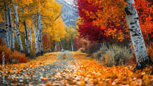 Colorful autumn leaves cascade down from trees lining the serene valley floor. AI generated photo