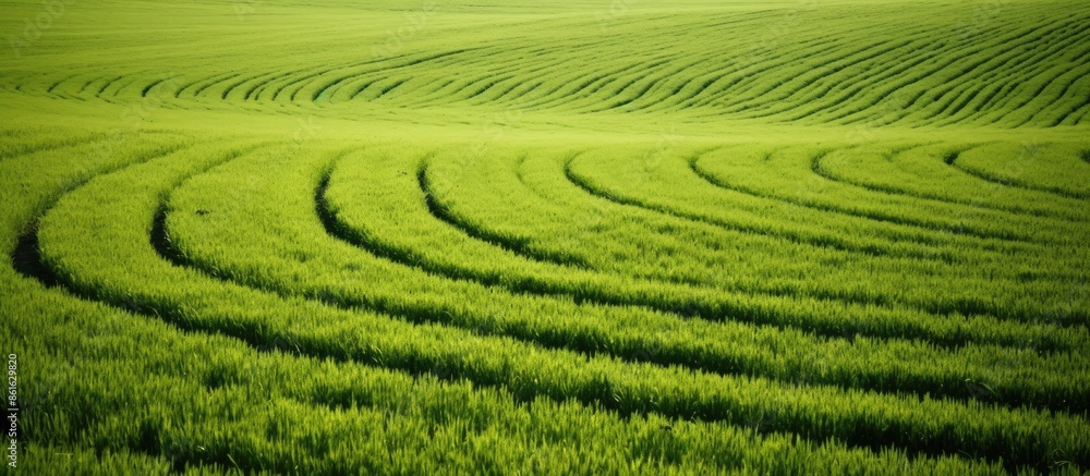 Tractor tracks creating a pattern on a lush green field, providing ample copy space image. Tractor tracks creating a pattern on a lush green field, providing ample copy space image.