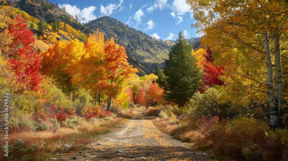 Colorful autumn leaves cascade down from trees lining the serene valley floor. AI generated Colorful autumn leaves cascade down from trees lining the serene valley floor. AI generated