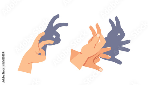 Hands Performing A Shadow Theater, Creating Rabbit Animal Shapes. Vector Image Shows Creativity And Playful Art