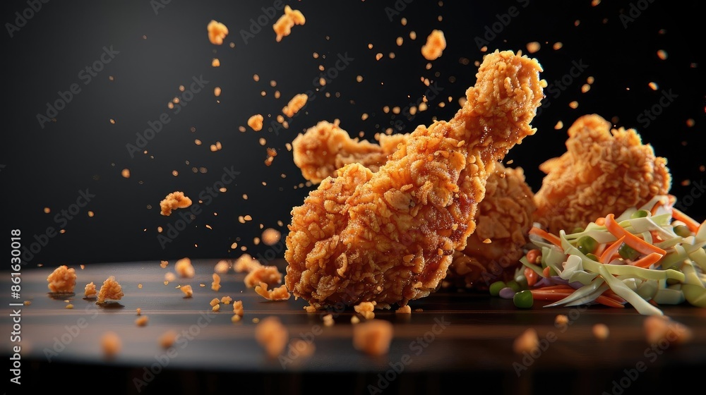 Crispy fried chicken legs with a sprinkling of crumbs on a wooden surface, complemented by a side of colorful coleslaw. Crispy fried chicken legs with a sprinkling of crumbs on a wooden surface, complemented by a side of colorful coleslaw.
