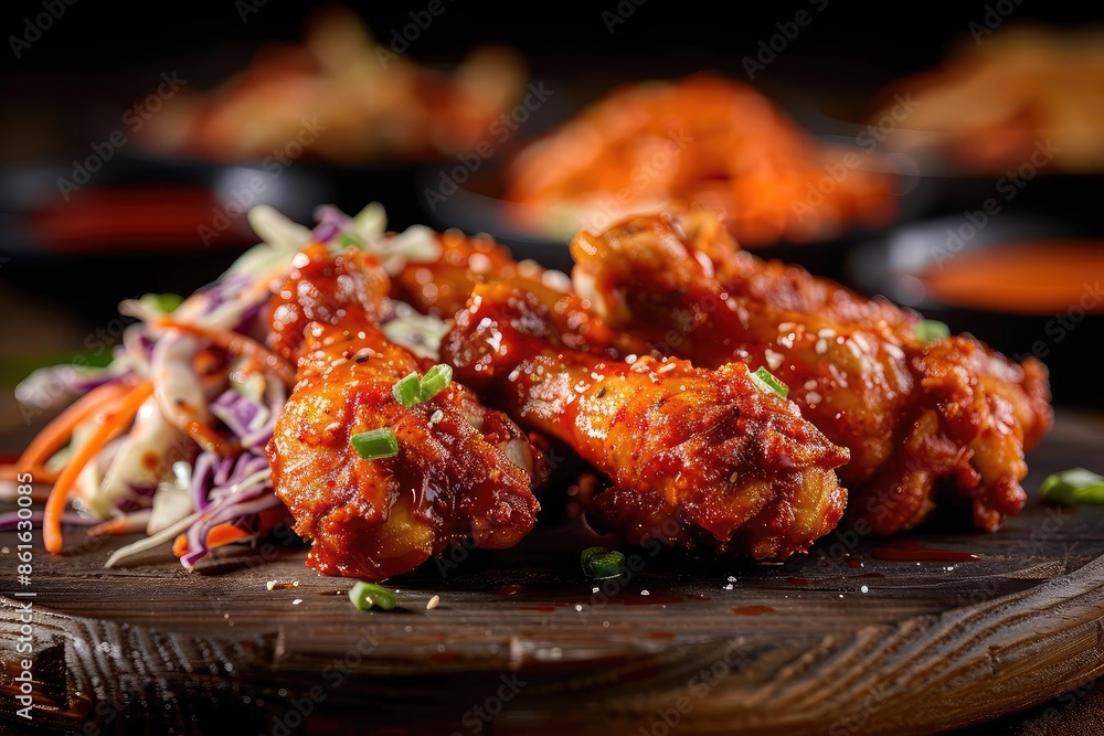 Delicious spicy chicken wings with coleslaw, garnished with green onions, served on a wooden board with a blurred background. Delicious spicy chicken wings with coleslaw, garnished with green onions, served on a wooden board with a blurred background.
