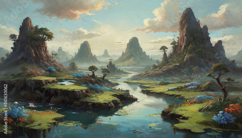 An expansive, surreal landscape featuring fantastical elements like floating islands and otherworldly flora, rendered in thick, textured oil paint that enhances the dreamlike quality, Generative AI photo