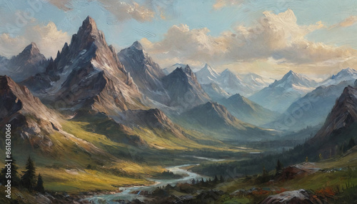A wide, majestic mountain range captured in thick, textured oil paint, with towering peaks, lush valleys, and a clear, expansive sky, Generative AI