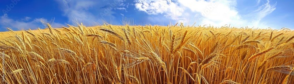 Golden wheat field under a bright blue sky with fluffy white clouds, showcasing a tranquil rural landscape perfect for agriculture and nature themes. Golden wheat field under a bright blue sky with fluffy white clouds, showcasing a tranquil rural landscape perfect for agriculture and nature themes.