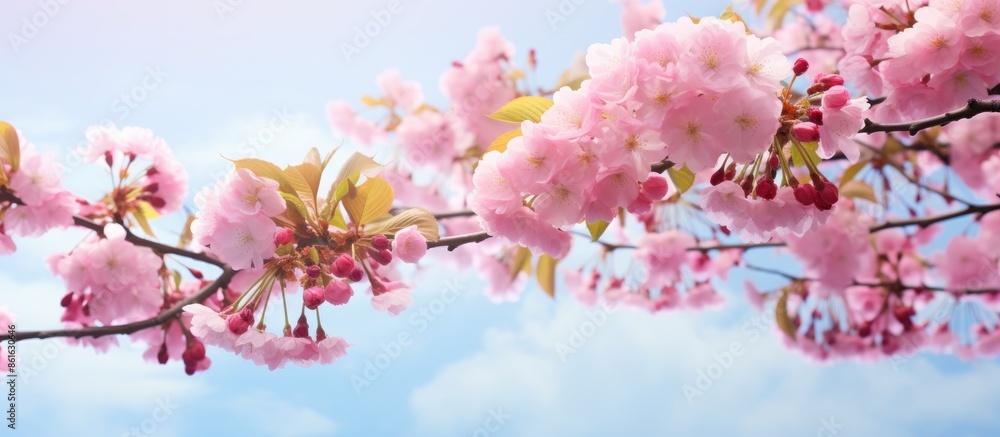 Spring's blooming tree with fresh pink flowers on branches presents a beautiful seasonal nature scene, suitable as a backdrop with copy space image. Spring's blooming tree with fresh pink flowers on branches presents a beautiful seasonal nature scene, suitable as a backdrop with copy space image.