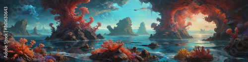 A wide, alien ocean with massive, bioluminescent coral structures and strange sea creatures, captured in thick oil layers that bring out the vivid colors and textures, Generative AI photo