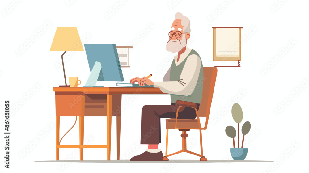 Senior Man Use Computer at Home Interior. Aged Male Senior Man Use Computer at Home Interior. Aged Male