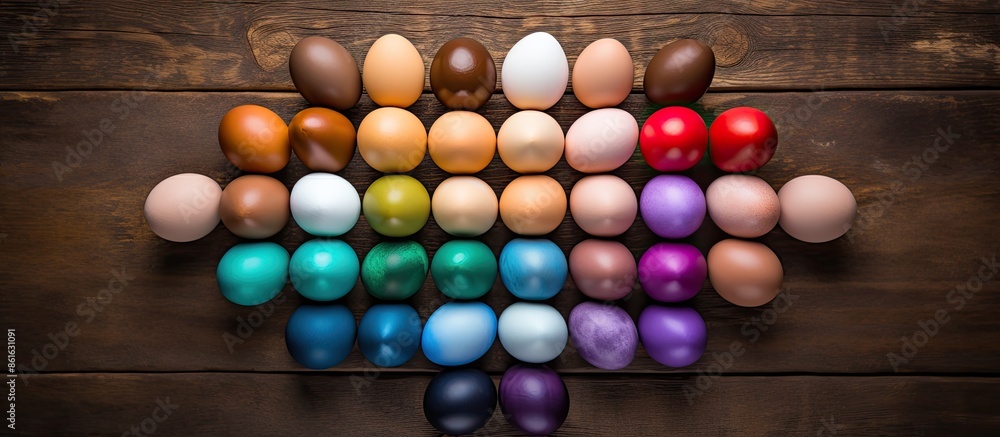 A circular arrangement of colorful painted chicken eggs on a wooden surface seen from above, with room for additional content in the image. A circular arrangement of colorful painted chicken eggs on a wooden surface seen from above, with room for additional content in the image.