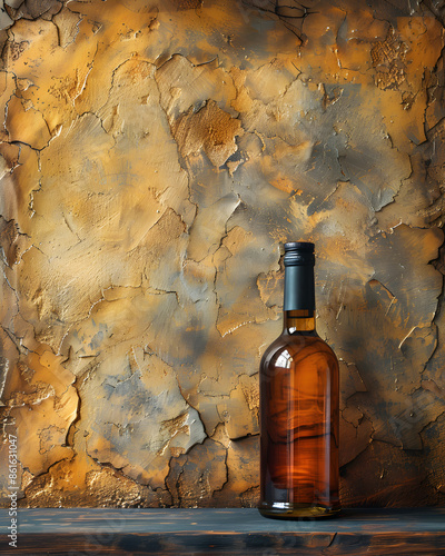 Olive oil bottle container on ancient Tuscan stucco wall background.  photo