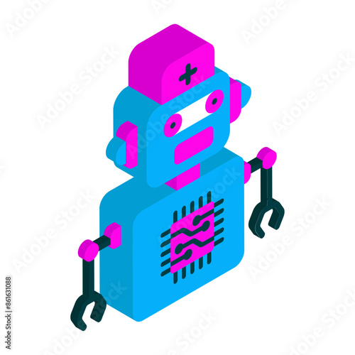 Caregiver Robots Programed with AI  isometric concept, cybernetics Biorobot vector de Artificial general intelligence symbol, Natural Language Processing  Machine and Deep Learning stock illustration