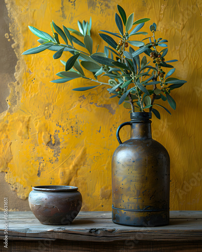 Olive oil bottle container on ancient Tuscan stucco wall background.  photo