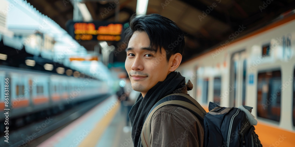 A joyful young Asian man with a backpack on his back stands near the platform in the subway. Copyspace, place for text. A joyful young Asian man with a backpack on his back stands near the platform in the subway. Copyspace, place for text.