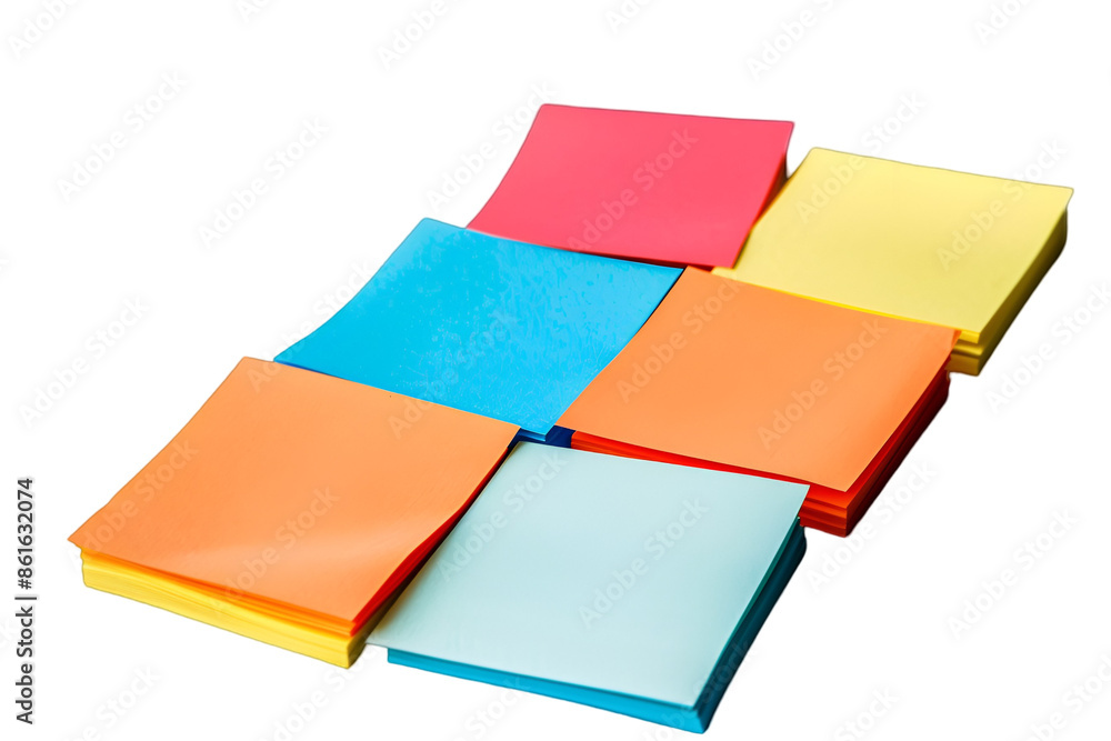 Fototapeta premium Paper sheets with colorful sticky notes and memo pads, isolated on white background