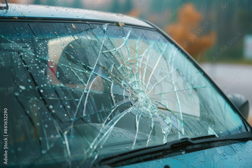 Obraz premium A car with severe broken windshield.