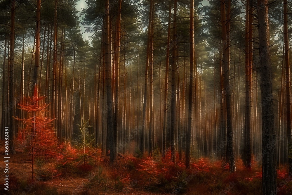 Obraz premium Pine trees on a moody fall landscape with red and orande colors. generative ai.