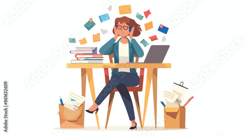 Overloaded Confused Business Woman Sit at Laptop 
