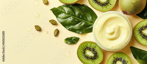 A picture showcasing a light yellow backdrop with fresh kiwi and exfoliation cream, ideal for promoting a kiwi-based exfoliating product, featuring a space for text. Copy space image. photo