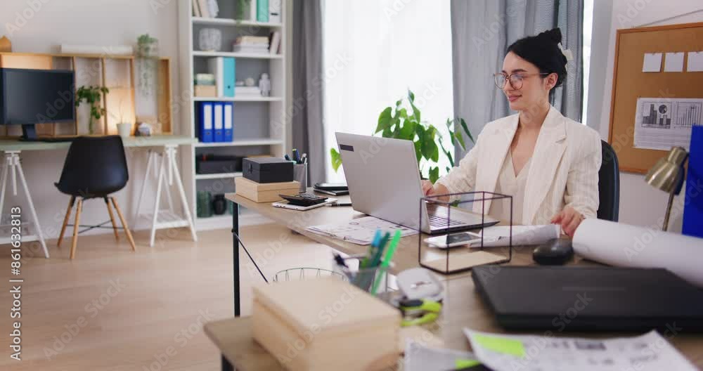 Satisfied Woman Works Happily in Office Satisfied Woman Works Happily in Office