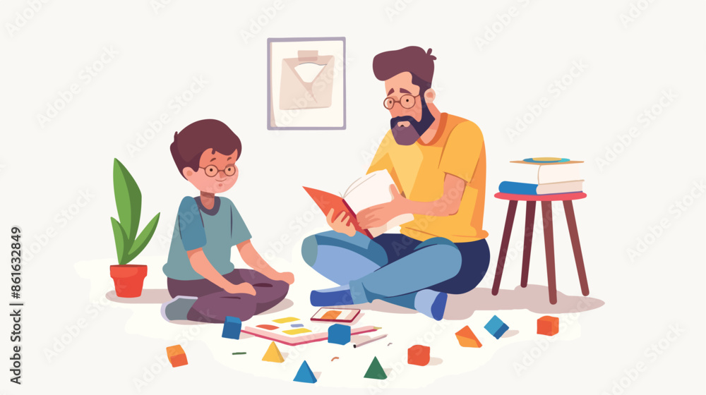 Parent or Teacher and Boy Characters Sitting on Floor Parent or Teacher and Boy Characters Sitting on Floor