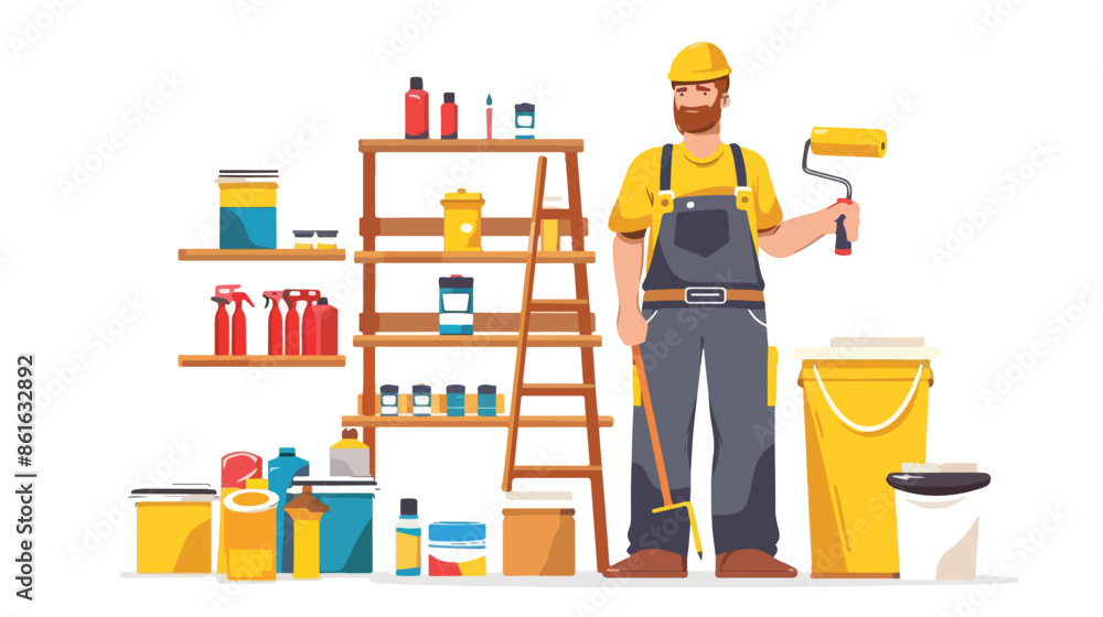 Painter Character Wearing Overalls Holding A Paint Painter Character Wearing Overalls Holding A Paint