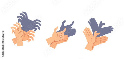 Hands Creating Various Shadow Puppets Including A Crab, Bird, And A Cow. Vector Image Emphasizes Creativity and Fun