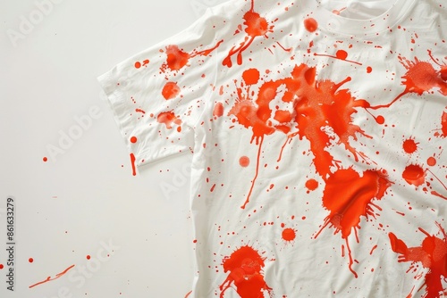 White T-Shirt Splattered with Red Tomato Stains from Abstract Tomato Fight Patterns on White Background, La Tomatina Festival photo