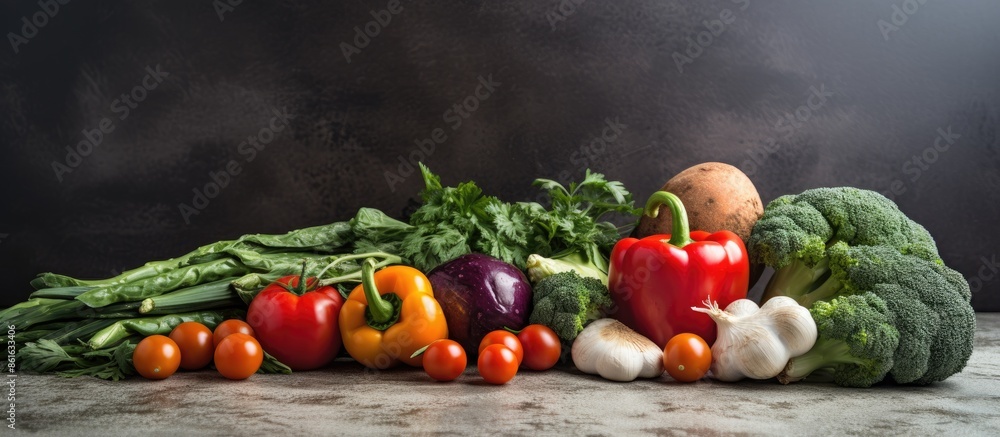 An array of fresh organic veggies on a rustic grey stone table top, perfect for a vegetarian food background with a focus on health, diet, and nutrition, providing ample copy space image. An array of fresh organic veggies on a rustic grey stone table top, perfect for a vegetarian food background with a focus on health, diet, and nutrition, providing ample copy space image.
