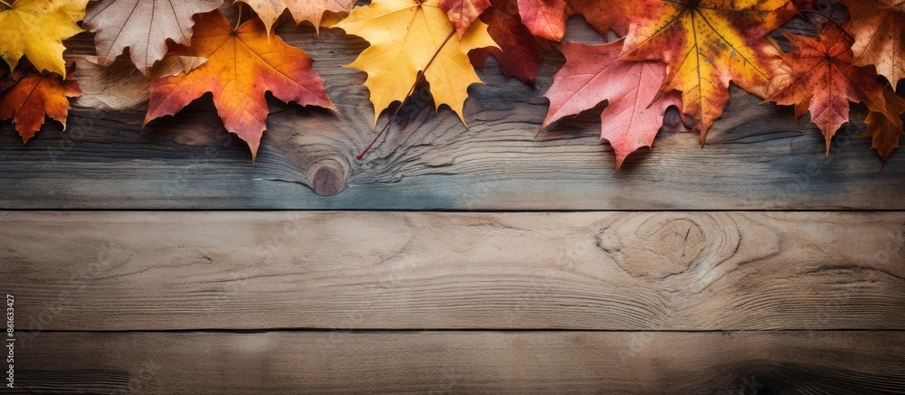 Capture the essence of autumn in an advertising or decor concept by featuring a diverse collection of fallen leaves beautifully arranged on a wooden board with copy space image. Capture the essence of autumn in an advertising or decor concept by featuring a diverse collection of fallen leaves beautifully arranged on a wooden board with copy space image.