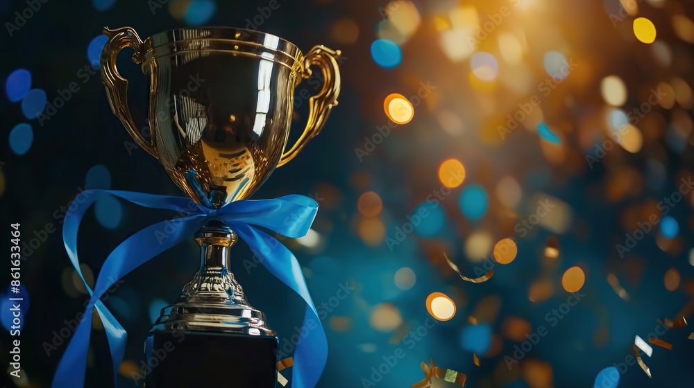 golden award cup with blue ribbon and golden and blue bokeh lights, on dark blue background golden award cup with blue ribbon and golden and blue bokeh lights, on dark blue background