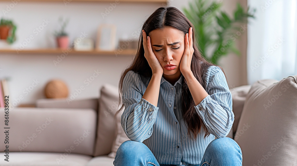 A woman suffering from severe headache in the living room. A woman suffering from severe headache in the living room.