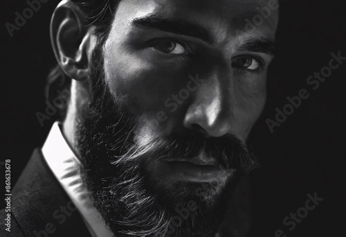 A black and white portrait of a man with dark hair, mustache and beard, wearing a white shirt and dark jacket.

