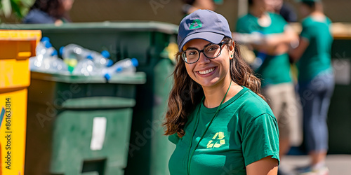 A young female community clean-up volunteer participating in recycling event. Concept of youth supporting Ccommunity sustainability. photo