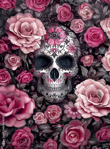 a close up of a skull surrounded by pink roses