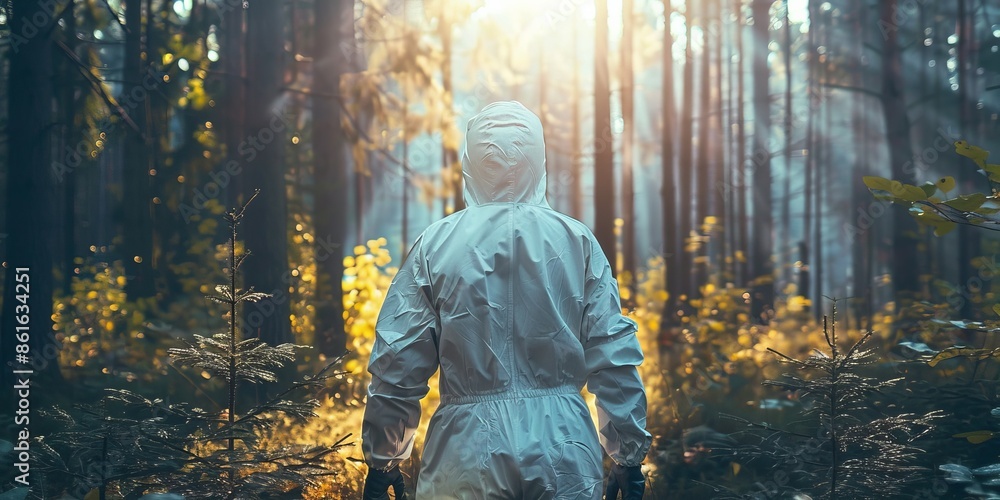 A man in a white closed protective suit and a protective face mask stands in a pine forest A man in a white closed protective suit and a protective face mask stands in a pine forest