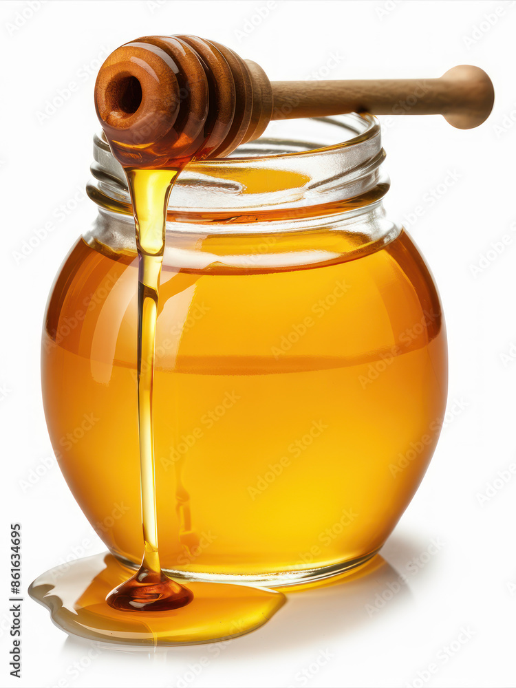 Golden Honey Jar with Wooden Dipper, Pouring Sweet Organic Nectar - Generative ai Golden Honey Jar with Wooden Dipper, Pouring Sweet Organic Nectar - Generative ai
