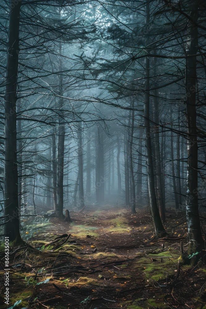 Fototapeta premium Moody forest with fog and misty