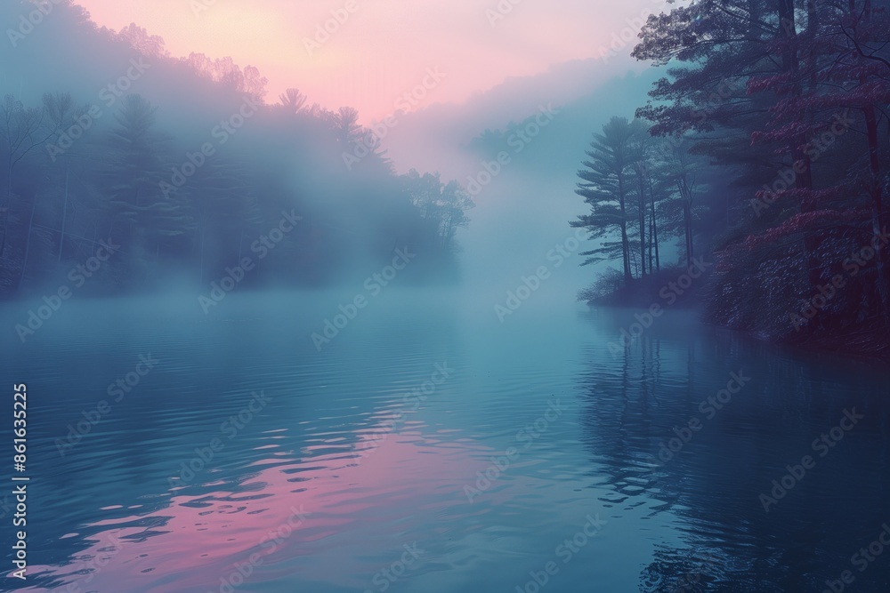 Serene Foggy Lake at Dawn With Silhouetted Trees Serene Foggy Lake at Dawn With Silhouetted Trees