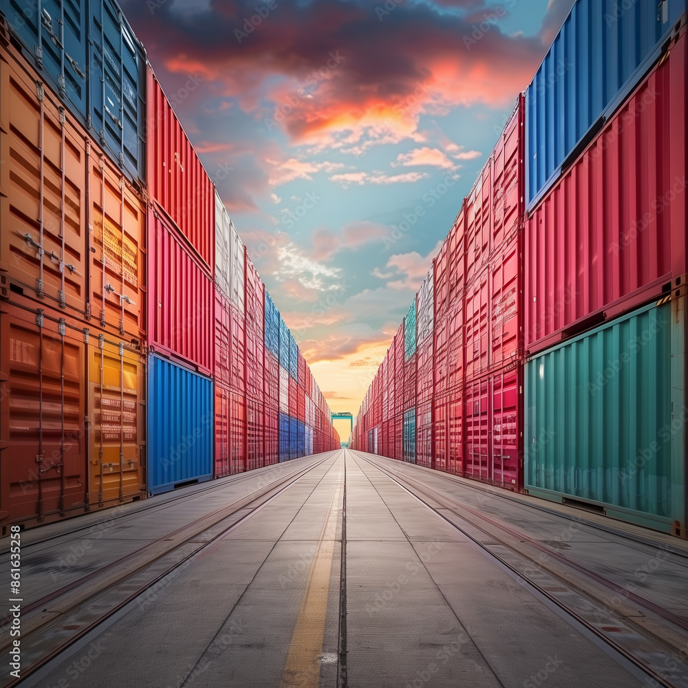 Fototapeta premium Perspective view of colorful containers cargo on the floor at seaport.