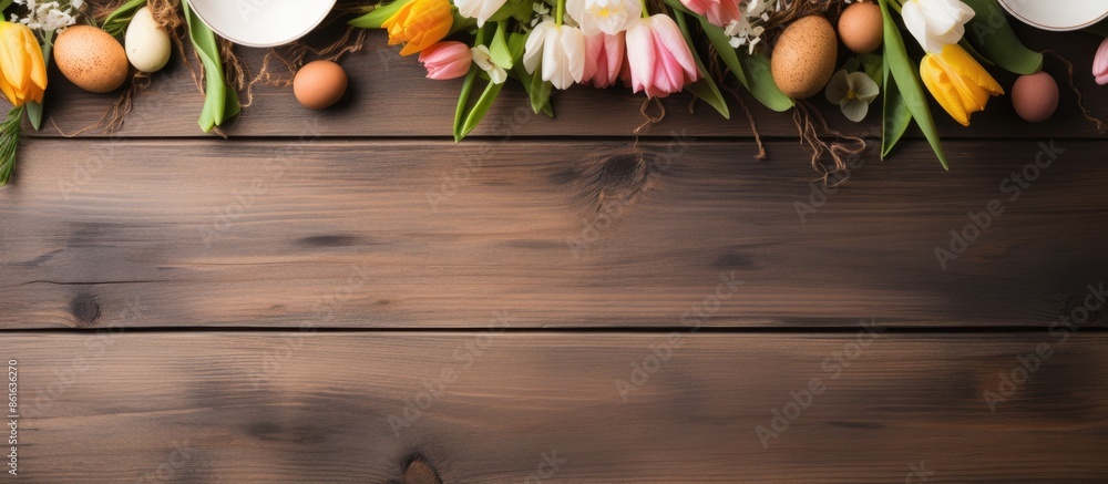 Wooden background with a top view for a spring holiday concept featuring an Easter table setting in a flat lay style, with ample copy space image. Wooden background with a top view for a spring holiday concept featuring an Easter table setting in a flat lay style, with ample copy space image.